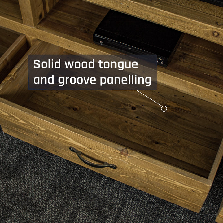 An overall view of the drawer on the Ventura Recycled Pine Large TV Unit.