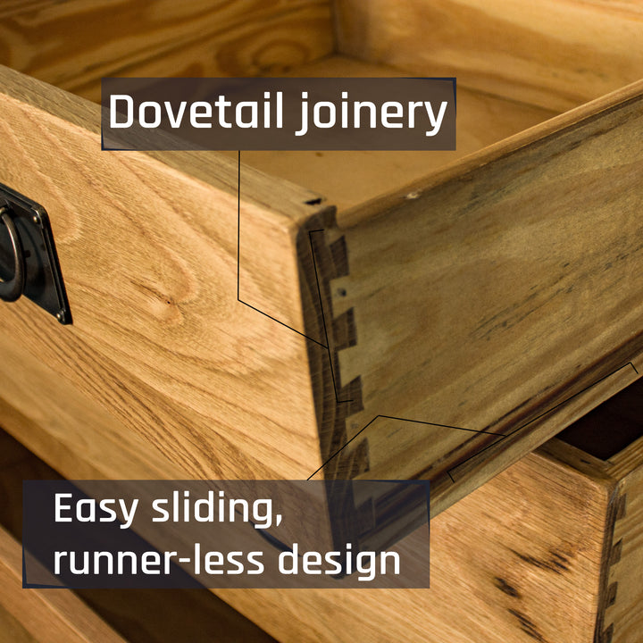 A close up of the dovetail joinery on the drawers of the Vienna 7 Drawer Oak Tallboy
