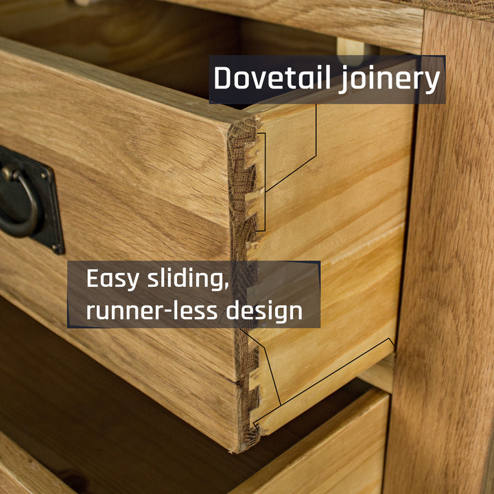 A close up of the dovetail joinery on the drawers of the Yes Five Drawer Oak Chest