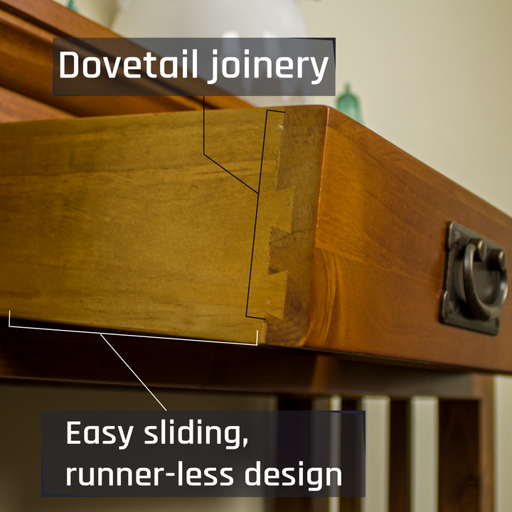 A close up of the dovetail joinery on the drawer of the Montreal Pine Hall Table.