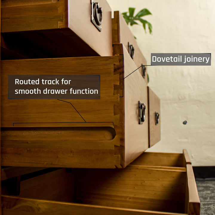 The dovetail joinery on the drawers of the New Quebec 7 Drawer Lowboy.