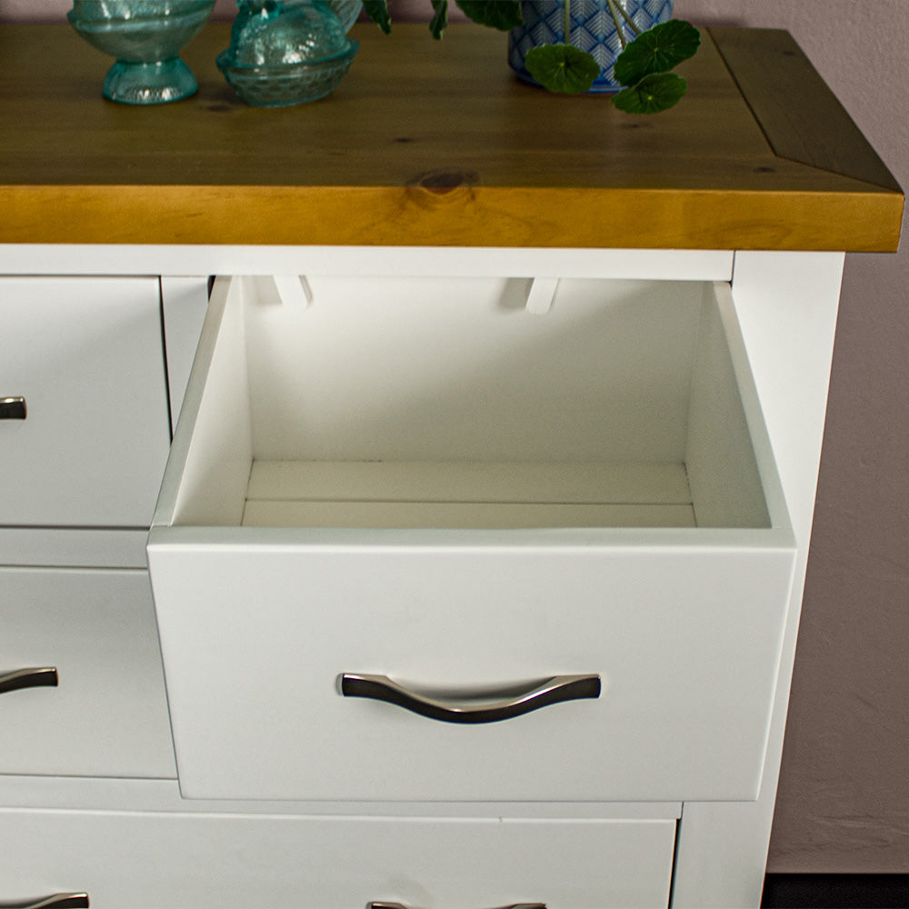 An overall view of the smaller top drawer on the Felixstowe 5 Drawer Pine Tallboy