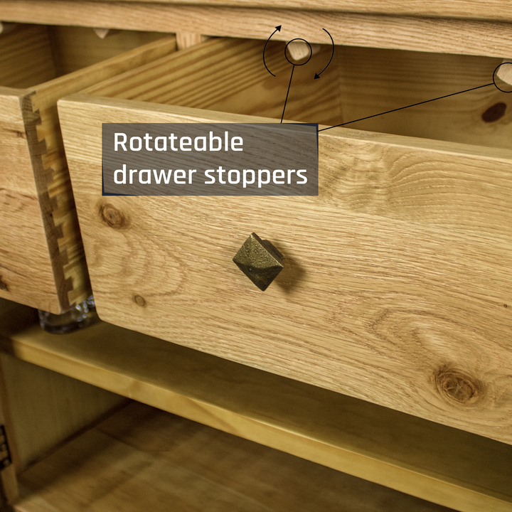 A close up of the brushed metal diamond shaped handle on the Maximus Small Oak Buffet.