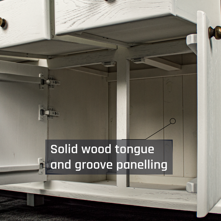A view of behind the doors on the Loire Two-Tone Medium Oak Buffet.