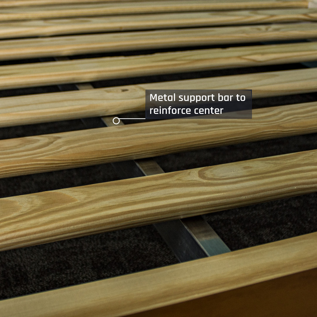 A closer view of the metal support bar underneath the slats of the Alton Queen Size Pine Slat Bed Frame