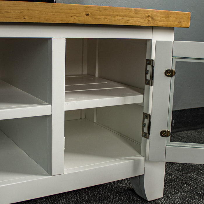 A closer view of the removeable shelf on the side of the Felixstowe 2 Door Entertainment Unit (White).