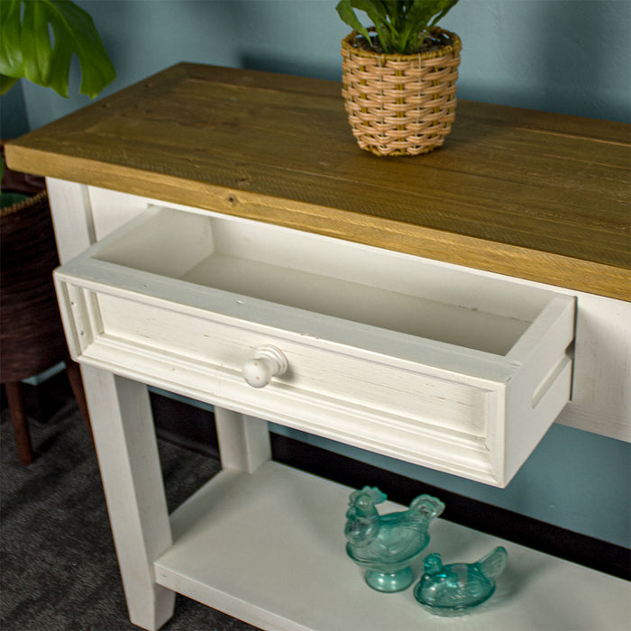 Overall view of the single drawer of the Byron Recycled Pine Hall Table