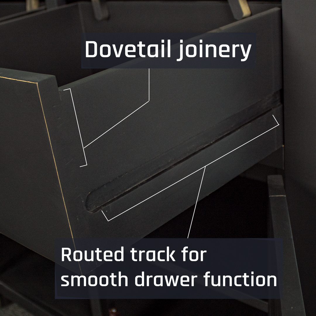 A close up of the free flowing runner on the Cascais Oak-Top Two Drawer Buffet, as well as the dovetail joinery.