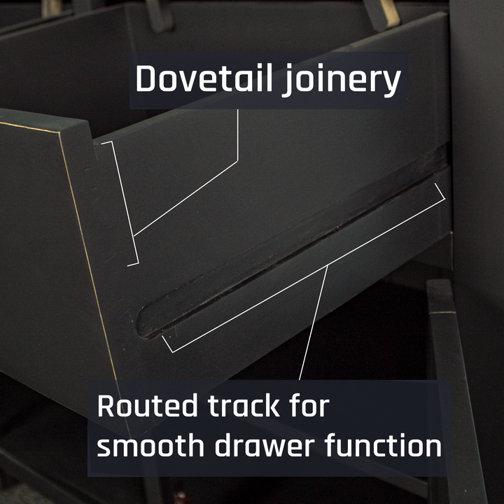 A close up of the free flowing runner on the Cascais Oak-Top Two Drawer Buffet, as well as the dovetail joinery.