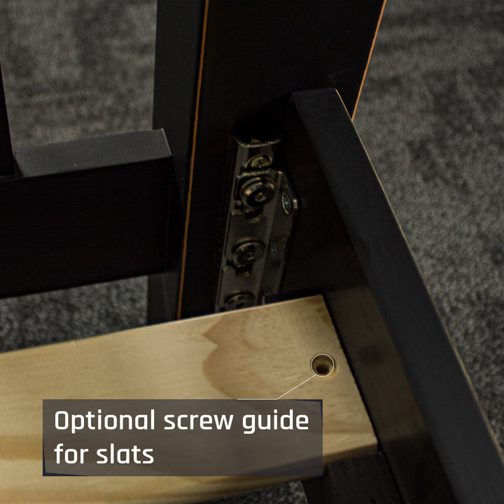 A close up of the slat screw guides and bolts that connect the bed frame together.
