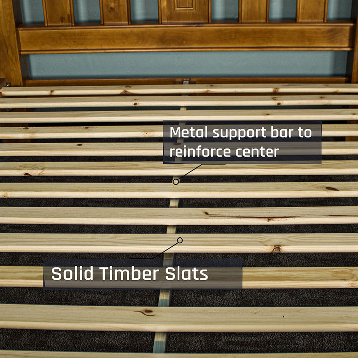 Overall view of the chrome metal support rail through the middle, under the slats