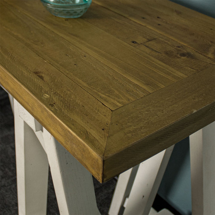 Top of the Large Byron Recycled Pine Sofa Table showing the golden brown wood grain