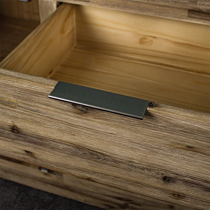 A close up of the metal handle on the drawers of the Mars 3 Drawer Large Buffet.