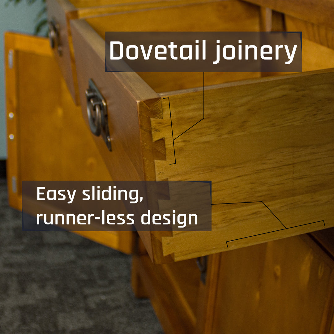 A close up of the dovetail joining on the Rimu stained Montreal 2 Drawer Pine Buffet.