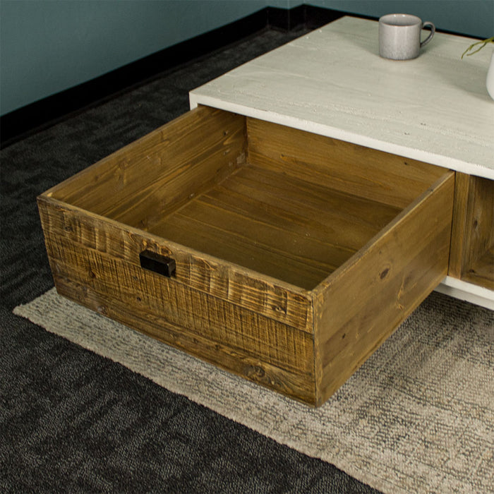 Overall view of the drawer on the Nova Recycled Pine Coffee Table.