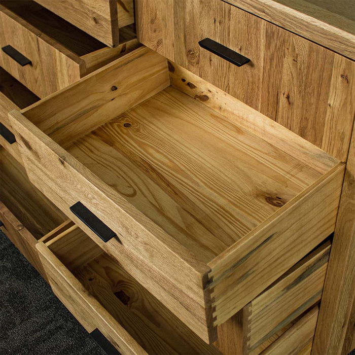 An overall view of the drawers on the Ormond 8 Drawer Oak Tallboy.