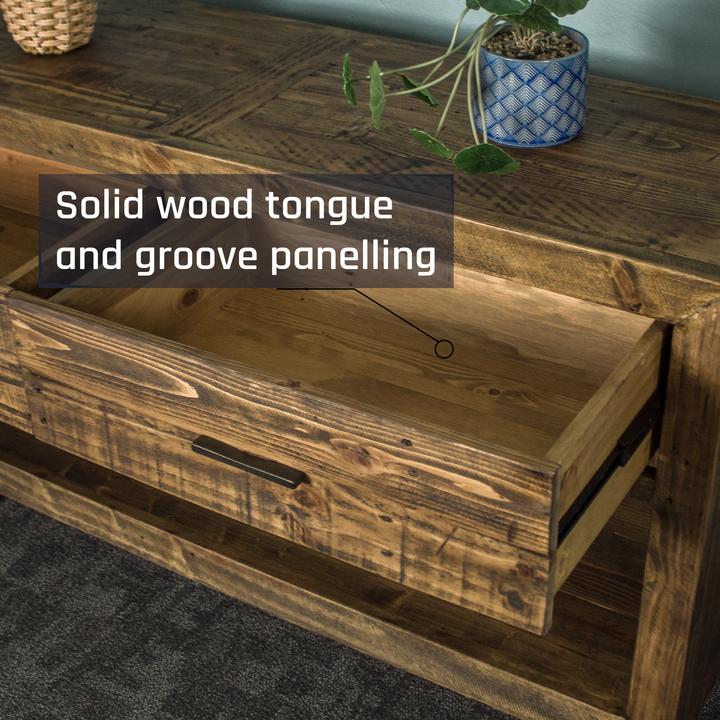 View of the inside of the drawer of the Paddington Recycled Pine Buffet / Hall Table .