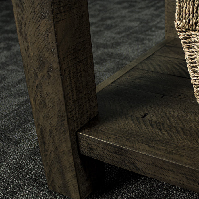 Close up of the Stonemill Recycled Pine Granite Workbench's leg and corner of the lower shelf.