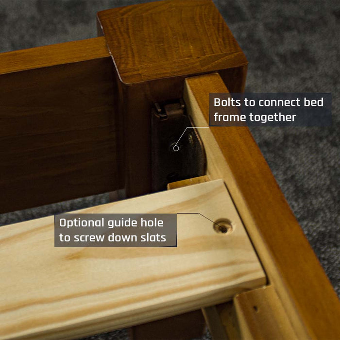 A close up of the bolts that connect the Trent Queen Size NZ Pine Slat Bed Frame together.