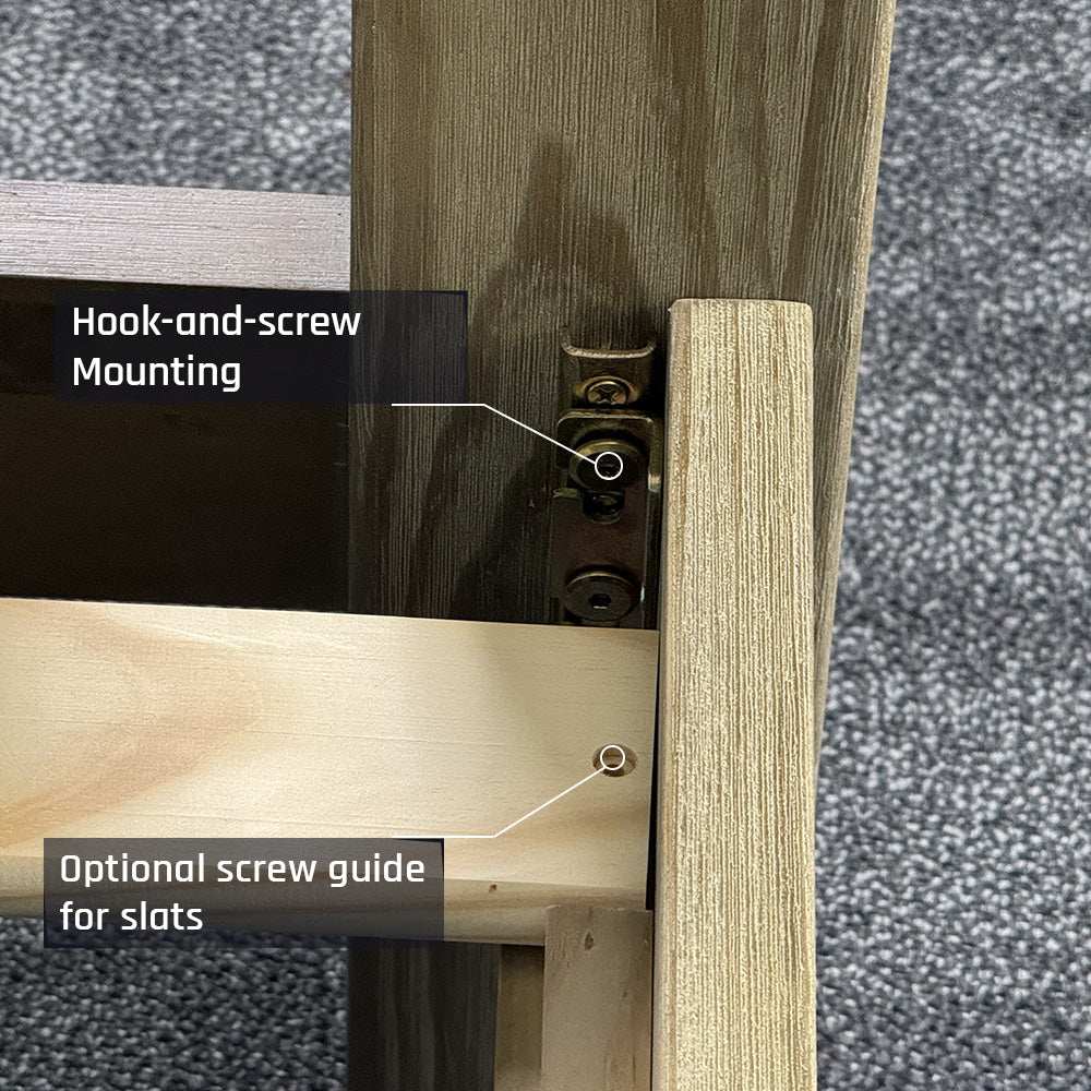 A close up of the bolts that secure the frame of the Vancouver Queen Size NZ Pine Slat Bed Frame.