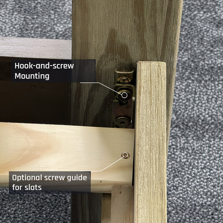 A close up of the bolts that secure the frame of the Vancouver Queen Size NZ Pine Slat Bed Frame.