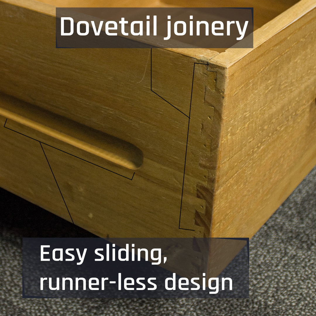 A close up of the dovetail joinery on the drawers of the Ventura Two Drawer Recycled Pine TV Unit
