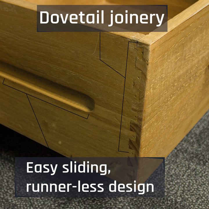A close up of the dovetail joinery on the drawers of the Ventura Two Drawer Recycled Pine TV Unit