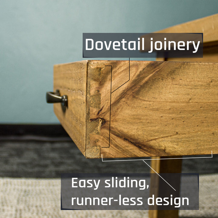 Close up of the dovetail joining on the drawers of the Ventura Recycled Pine Coffee Table