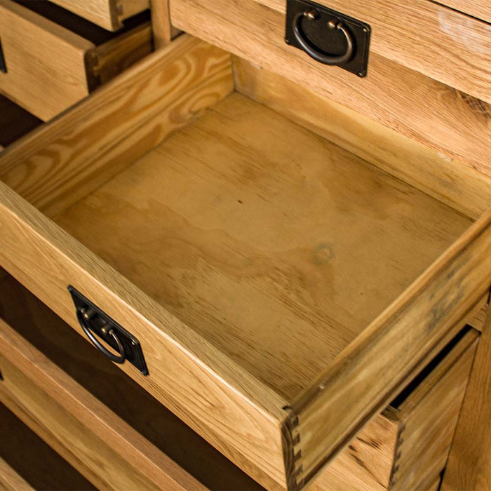 An overall view of the smaller top drawers on the Vienna 7 Drawer Oak Tallboy