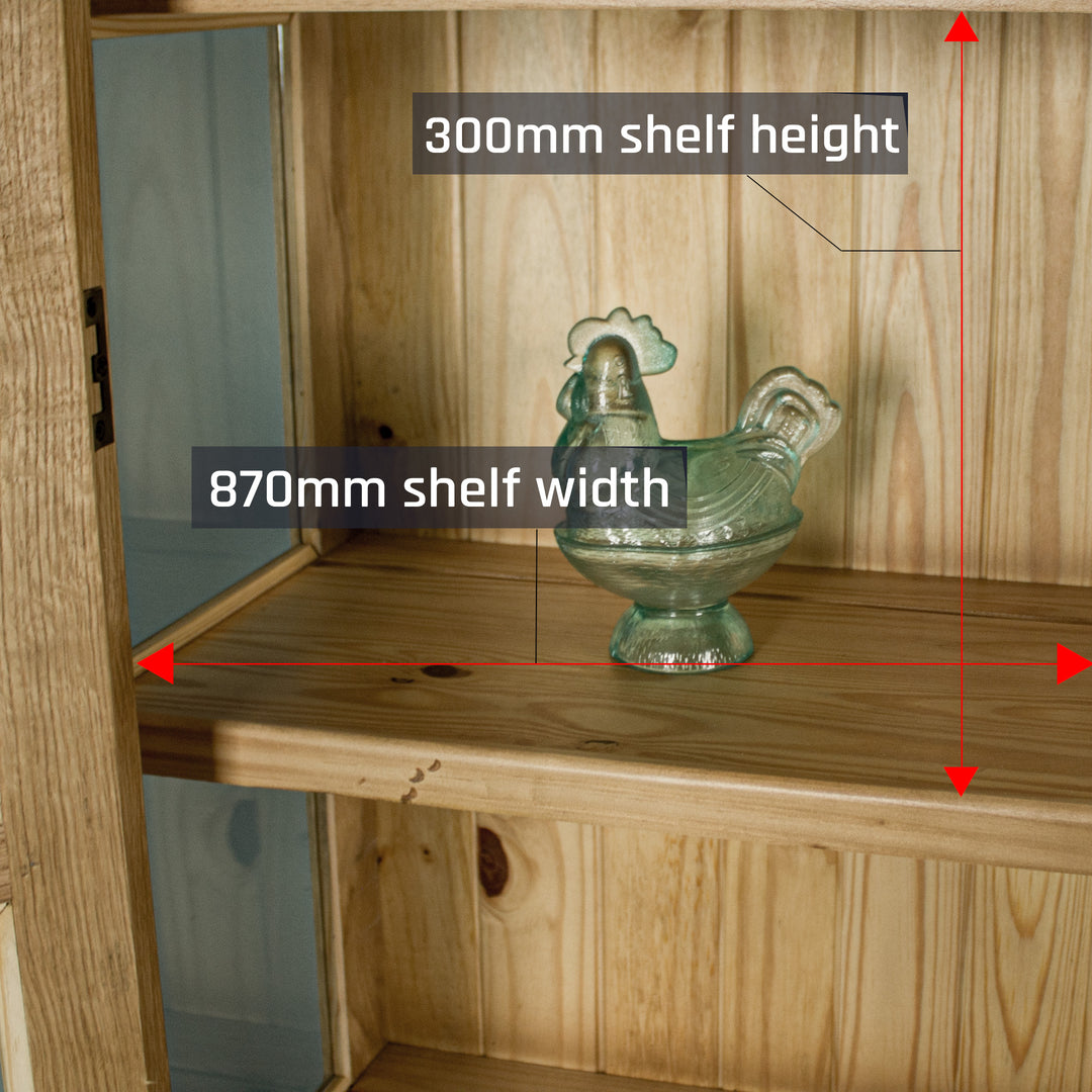 A view of the shelf on the Vienna Oak Glass DIsplay Cabinet. There is a blue glass ornament in the shape of a chicken on display.