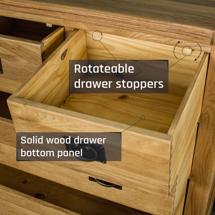An overall view of the smaller top drawers of the Yes Five Drawer Oak Chest.