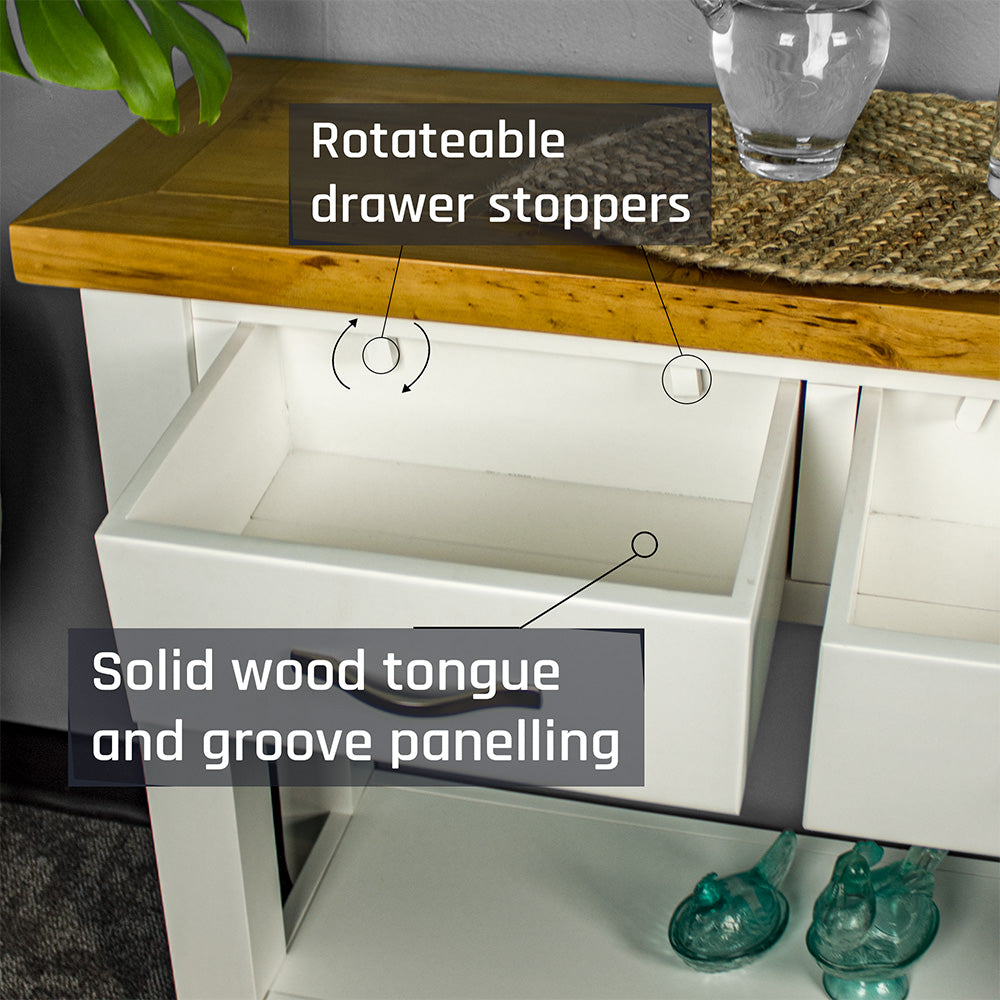 An overall view of the drawer on the Felixstowe Large Pine Hall Table.