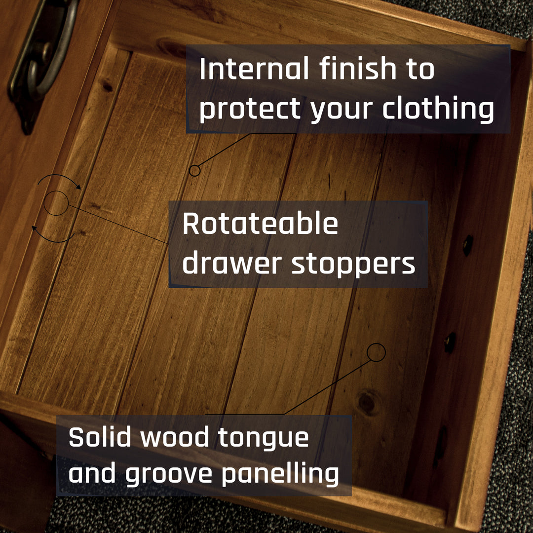 The inside of the tongue and groove panelled drawers of the New Quebec 6 Drawer Lingerie Chest.