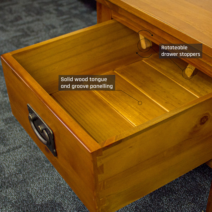 An overall view of the drawer on the Montreal Pine Lamp Table.