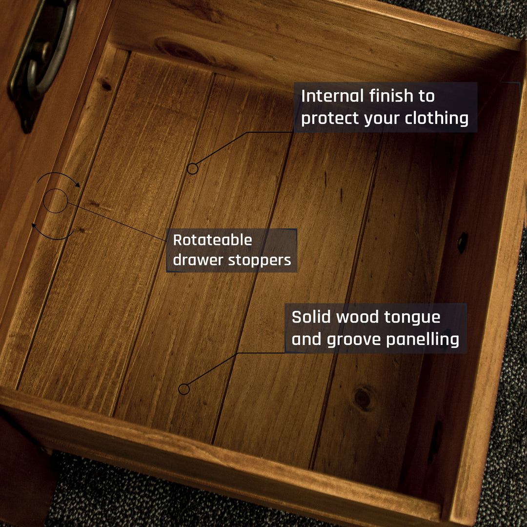The inside of the tongue and groove panelled drawers of the New Quebec 6 Drawer Lingerie Chest.