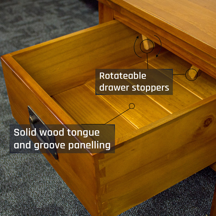 An overall view of the drawer on the Montreal Pine Lamp Table.