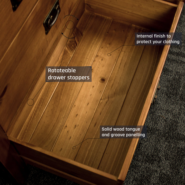 The inside of the drawers of the New Quebec 7 Drawer Lowboy, showing the tongue and groove panelling and internal finish.
