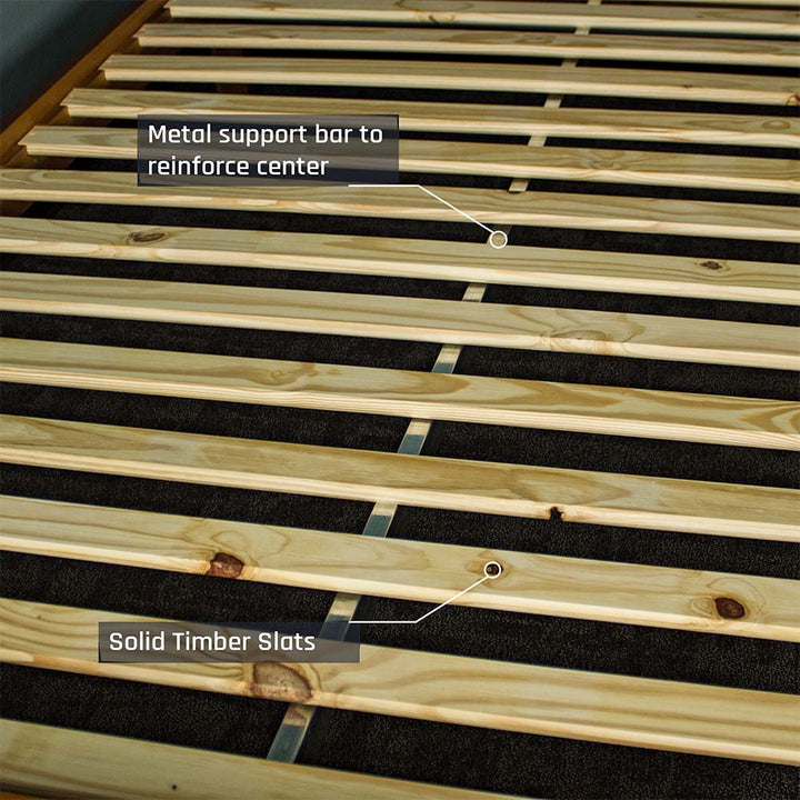 A view of the metal bar that supports the slats on the Alton Rimu-Stained NZ Pine King Bed Frame.