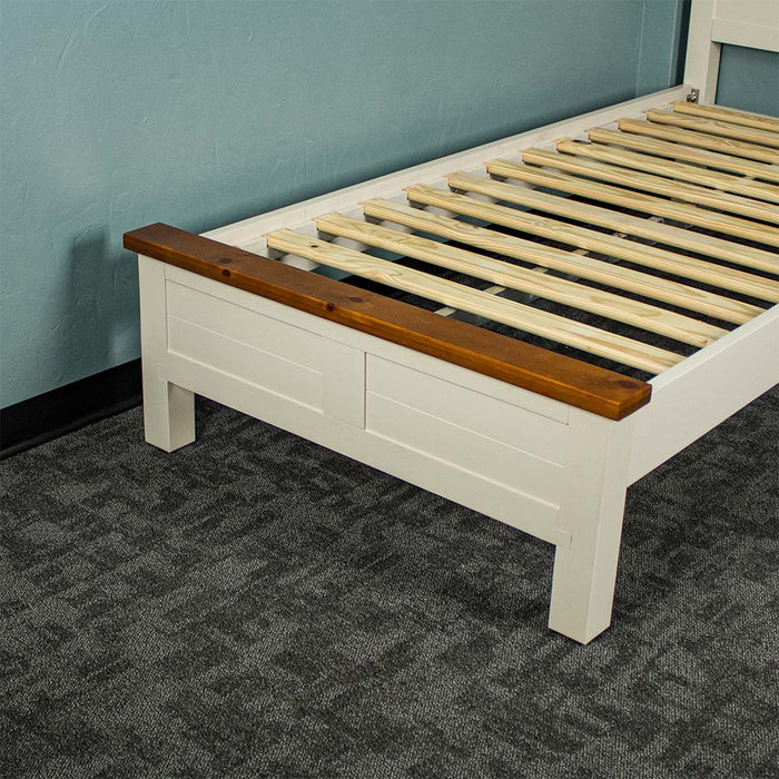 A closer view of the footboard on the Alton King SIngle NZ Pine Slat Bed Frame