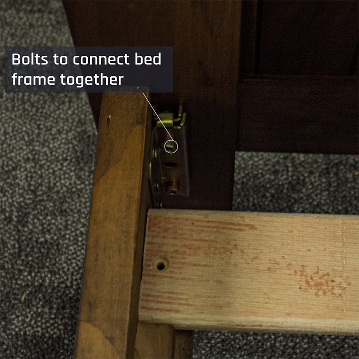 A close up of the bolts that securely fasten the Botanica King Slat Bed Frame together.