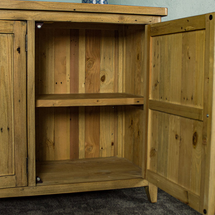 A view of the smaller shelf on the Cairns Recycled Pine Buffet.