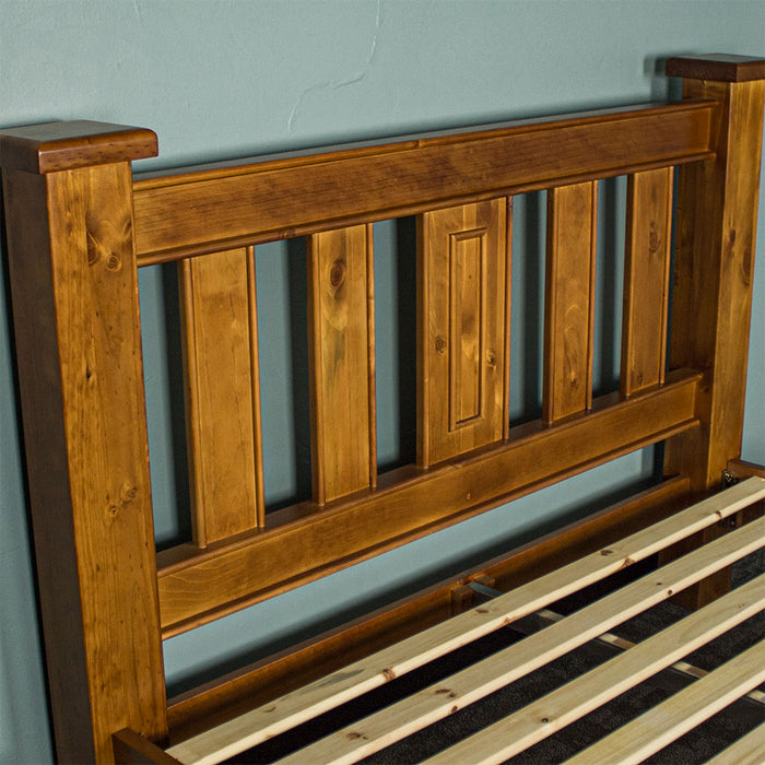 Headboard of the Rimu stained Jamaica Queen Size Slat Bed Frame