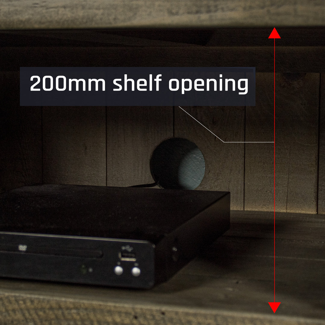 A close up of the easy access hole in the back of the Stonemill Recycled Pine TV Unit which allows cables to pass through.