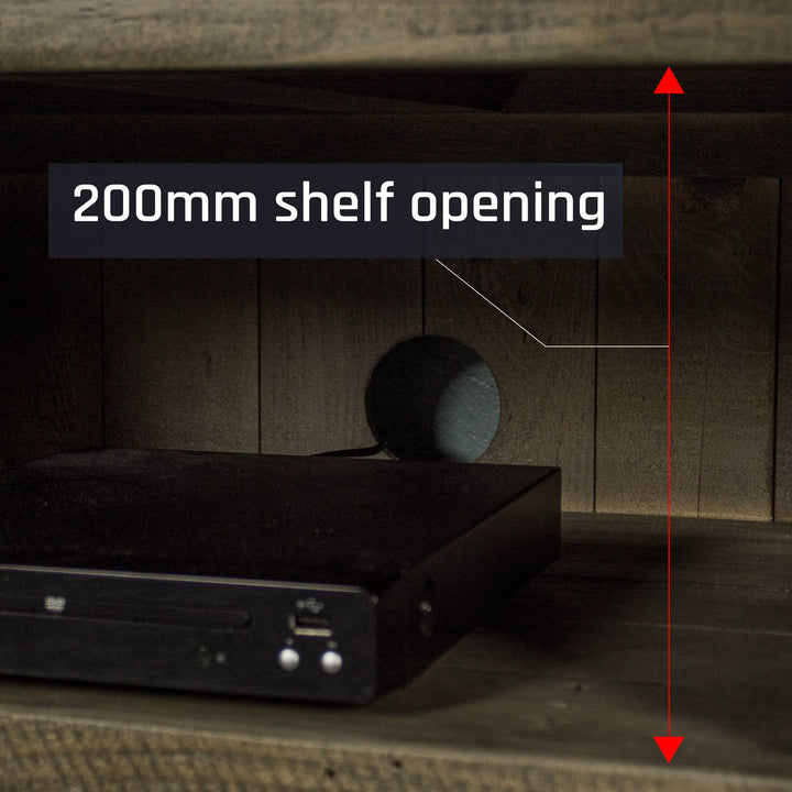 A close up of the easy access hole in the back of the Stonemill Recycled Pine TV Unit which allows cables to pass through.