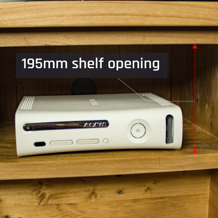 A view of the shelving on the Ventura Two Drawer Recycled Pine TV Unit.