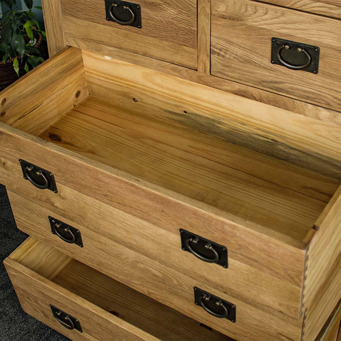 An overall view of the larger lower drawers on the Yes Five Drawer Oak Chest.
