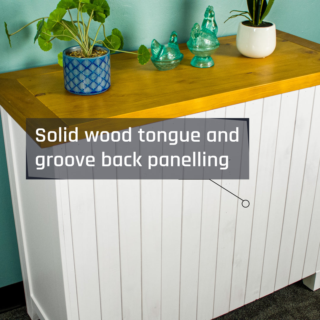 The back of the Felixstowe Small Pine Buffet (White), which features tongue and groove back panelling.