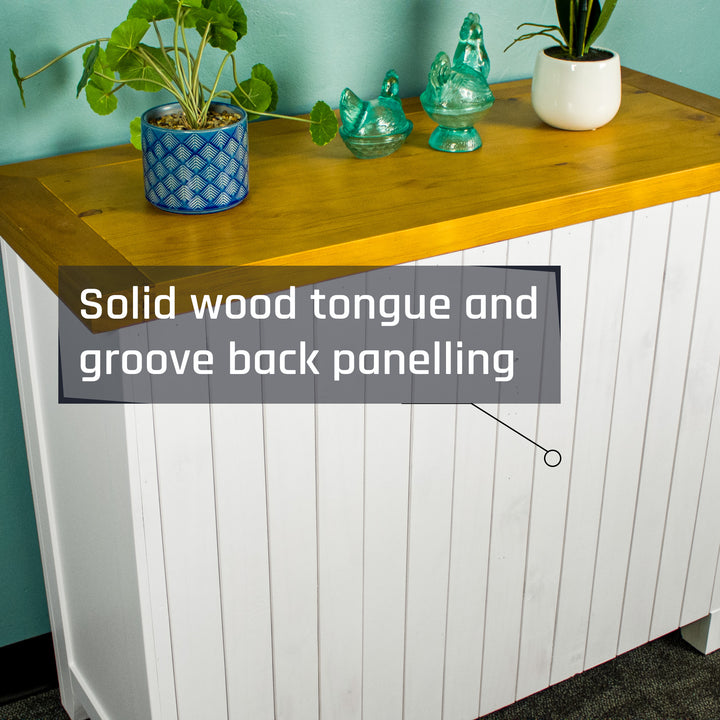 The back of the Felixstowe Small Pine Buffet (White), which features tongue and groove back panelling.