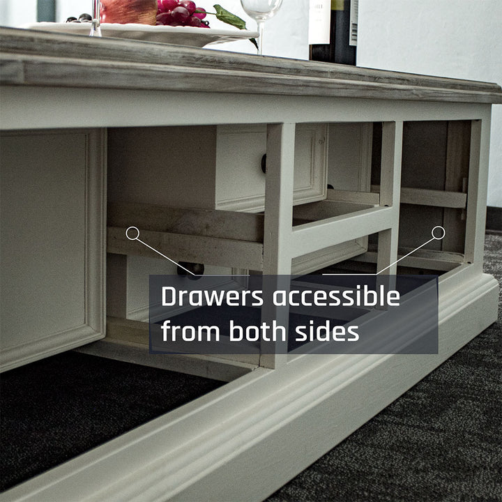 The back of the Biarritz 4 Drawer Extra-Large Coffee Table, showing the reversible drawers.