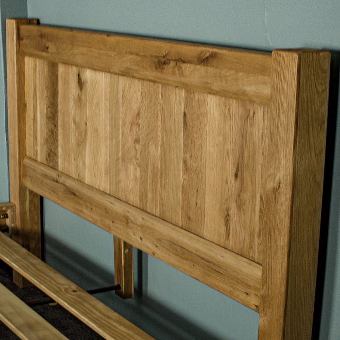 A closer view of the headboard on the Amalfi Super King Oak Bed Frame.